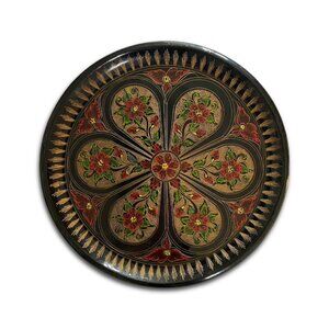Vintage Lacquered Wooden Plate with Painted Red Flowers Papier mache